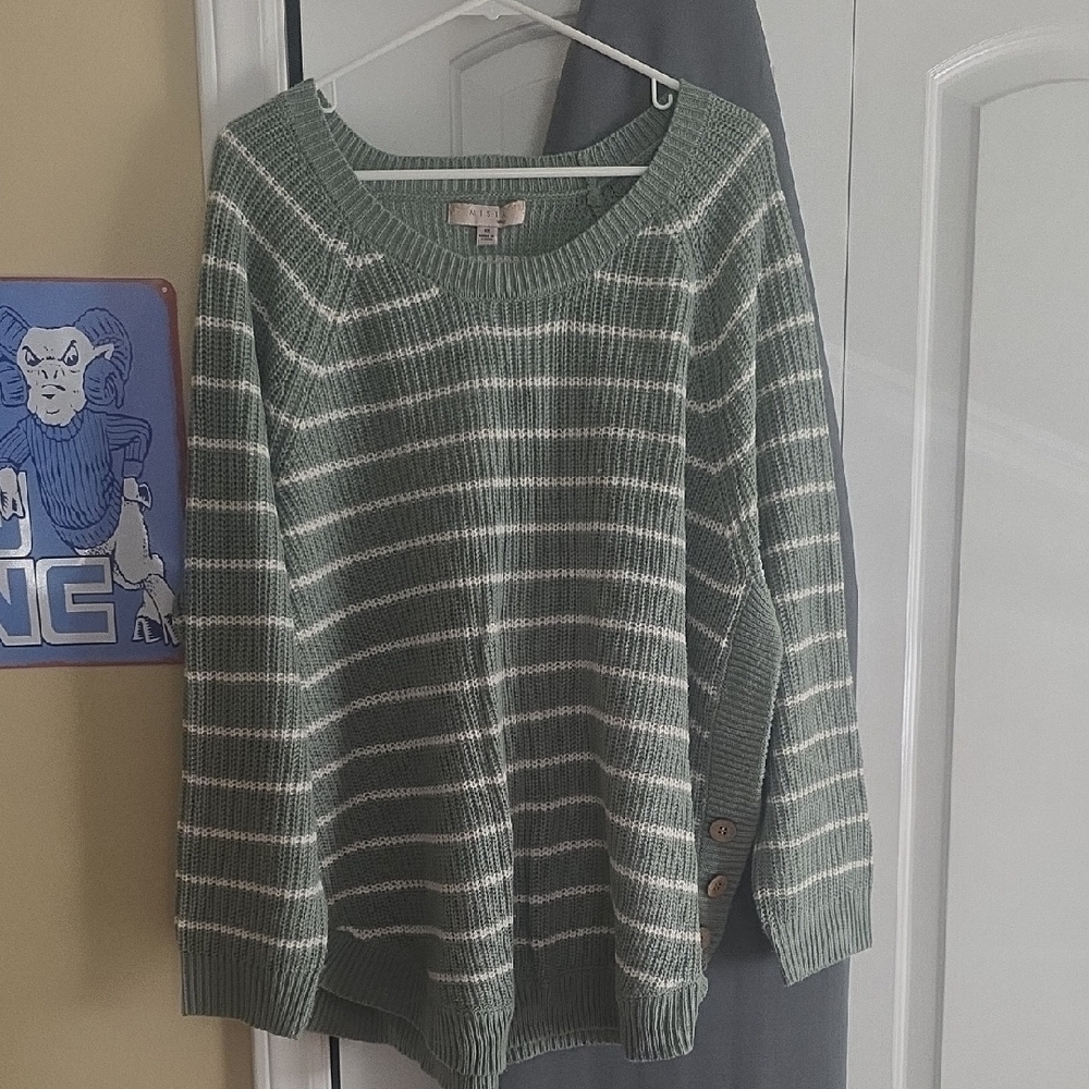Misia Sage and White Striped Sweater